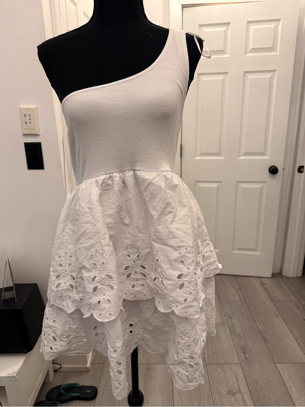 Zara White One-Shoulder Eyelet Tiered Dress